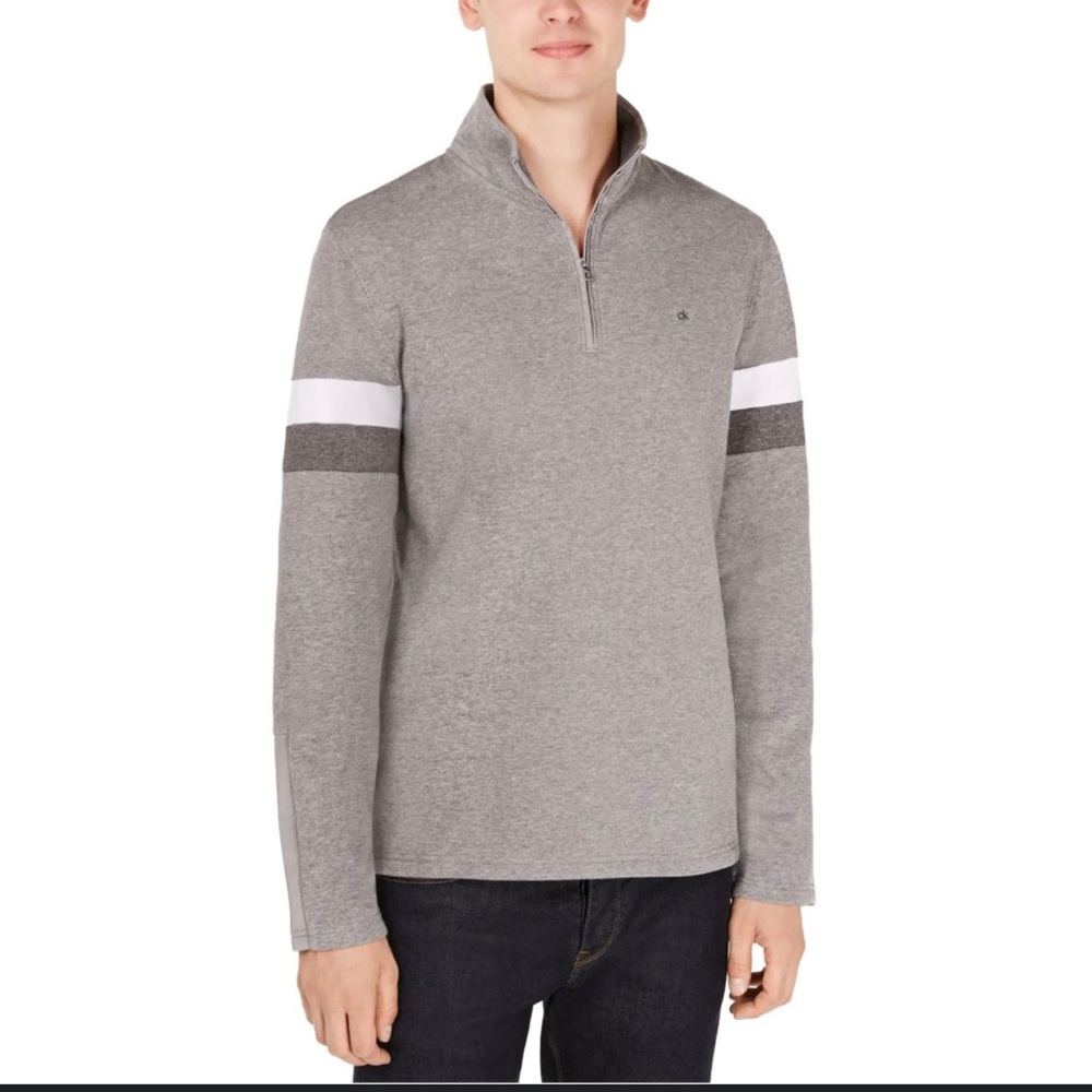 Calvin Klein Sweater Gray 1/4 Zip Mock Knit Neck Pullover Mens Sz M